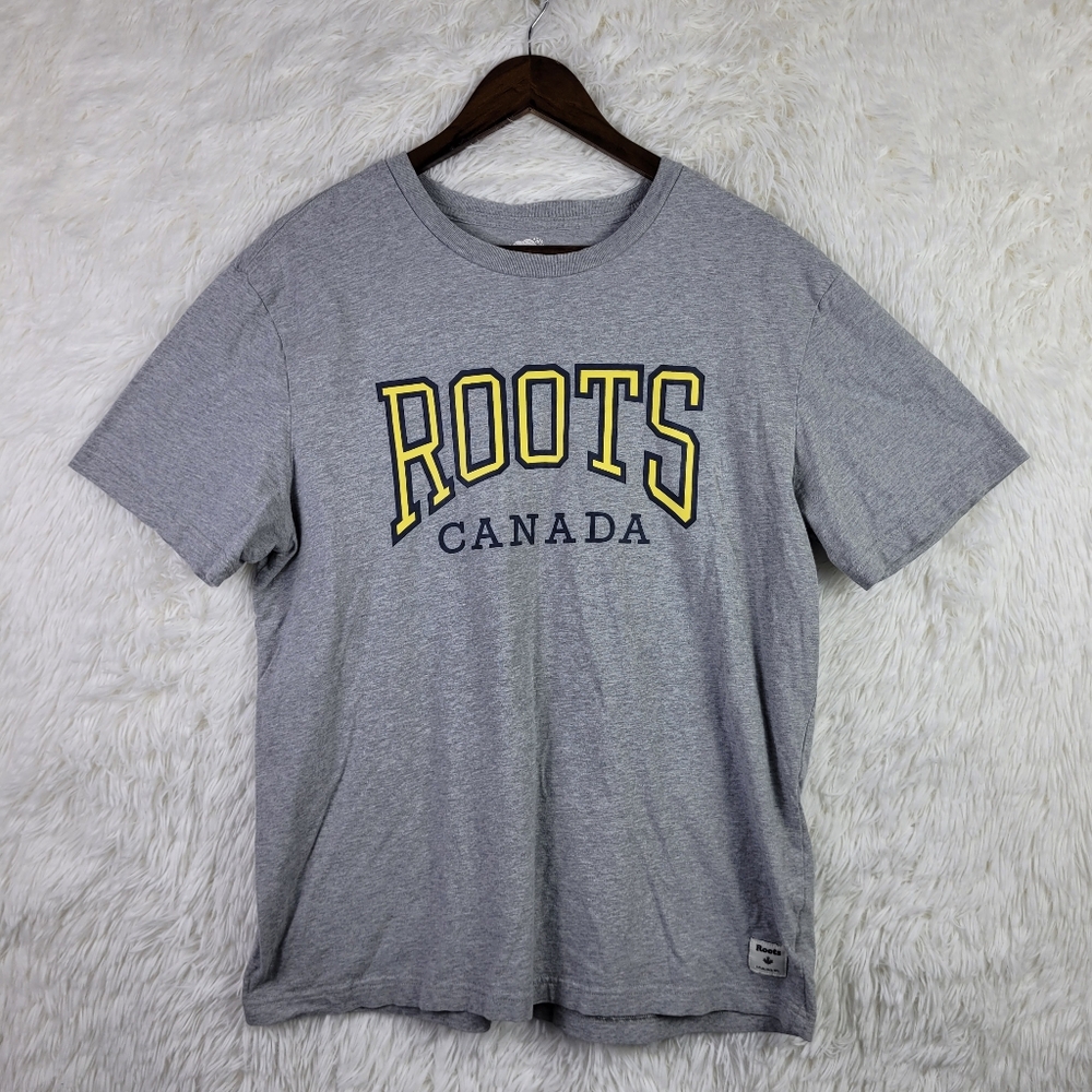 Roots Canada Mens L Gray Graphic Print T-Shirt Varsity Casual Athleisure Classic